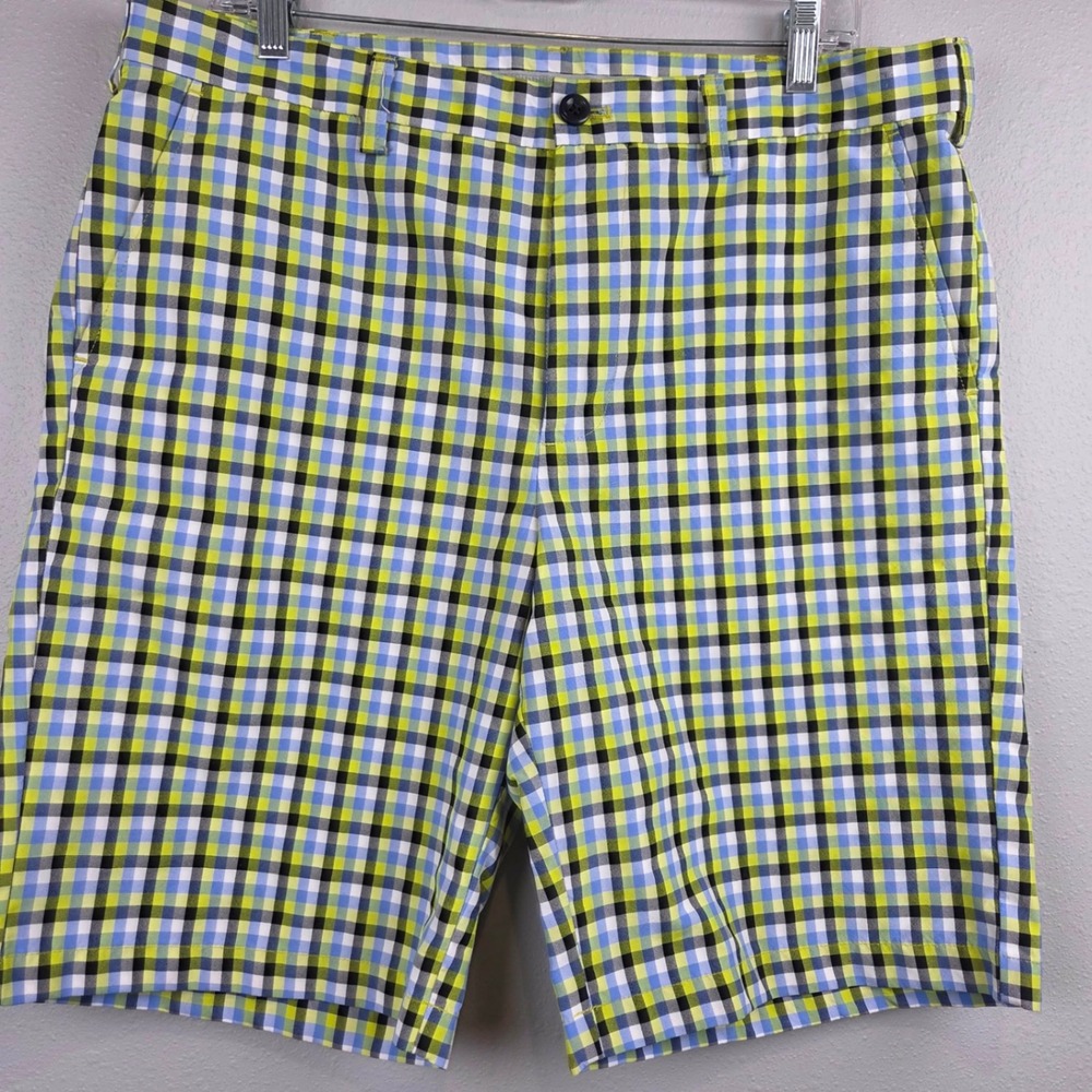 IZOD Golf Shorts Mens 34 Gingham Check Green Blue Performance Flat Front‎ Casual